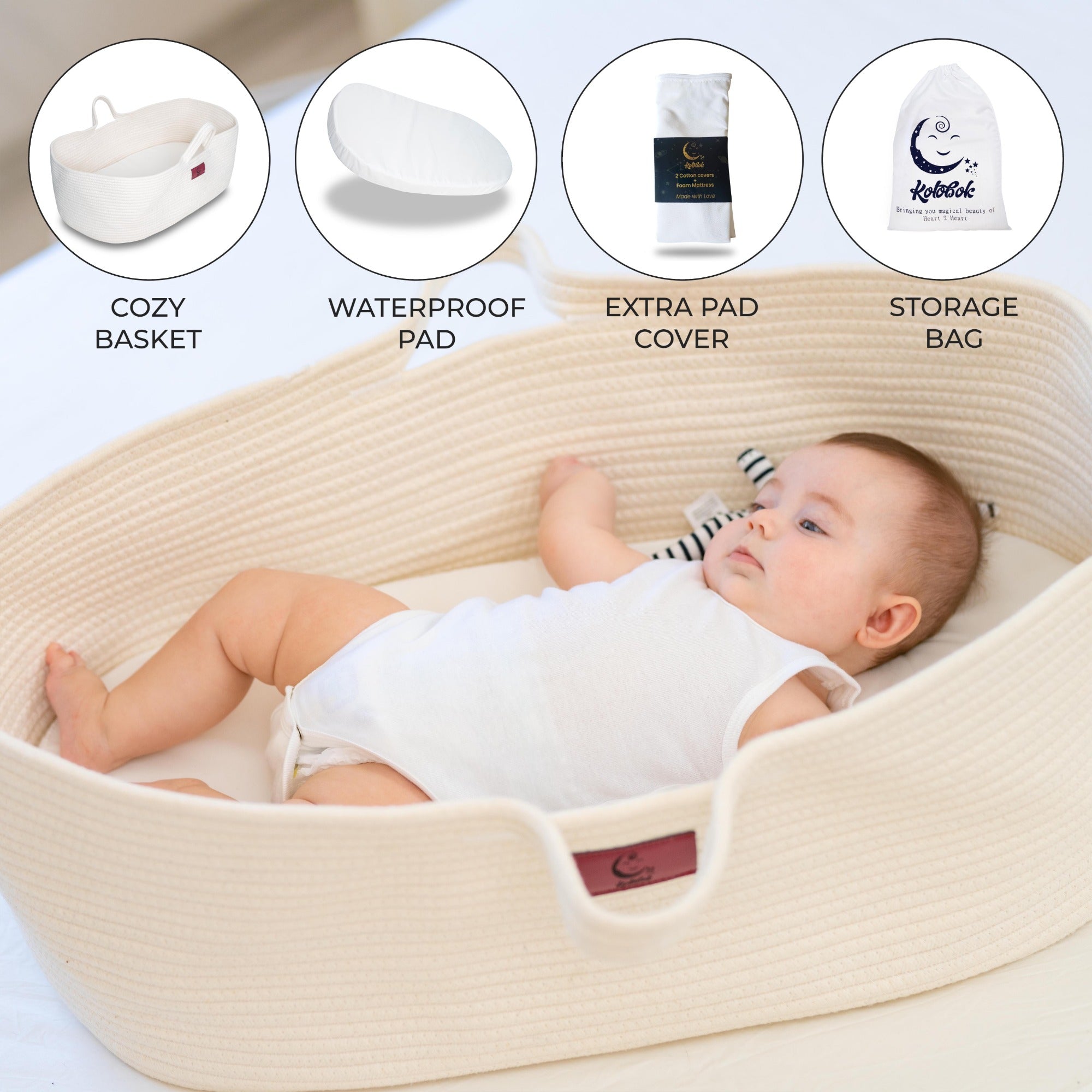 Organic Baby Moses Basket & Newborn Nest with Waterproof Pad