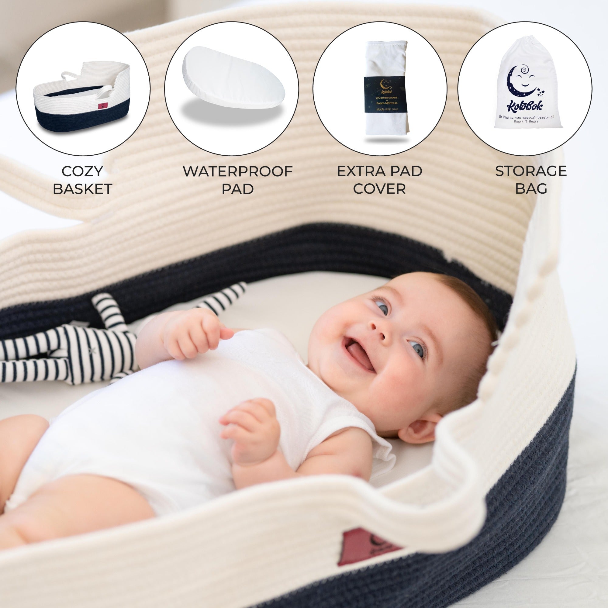 Organic Baby Moses Basket & Newborn Nest with Waterproof Pad